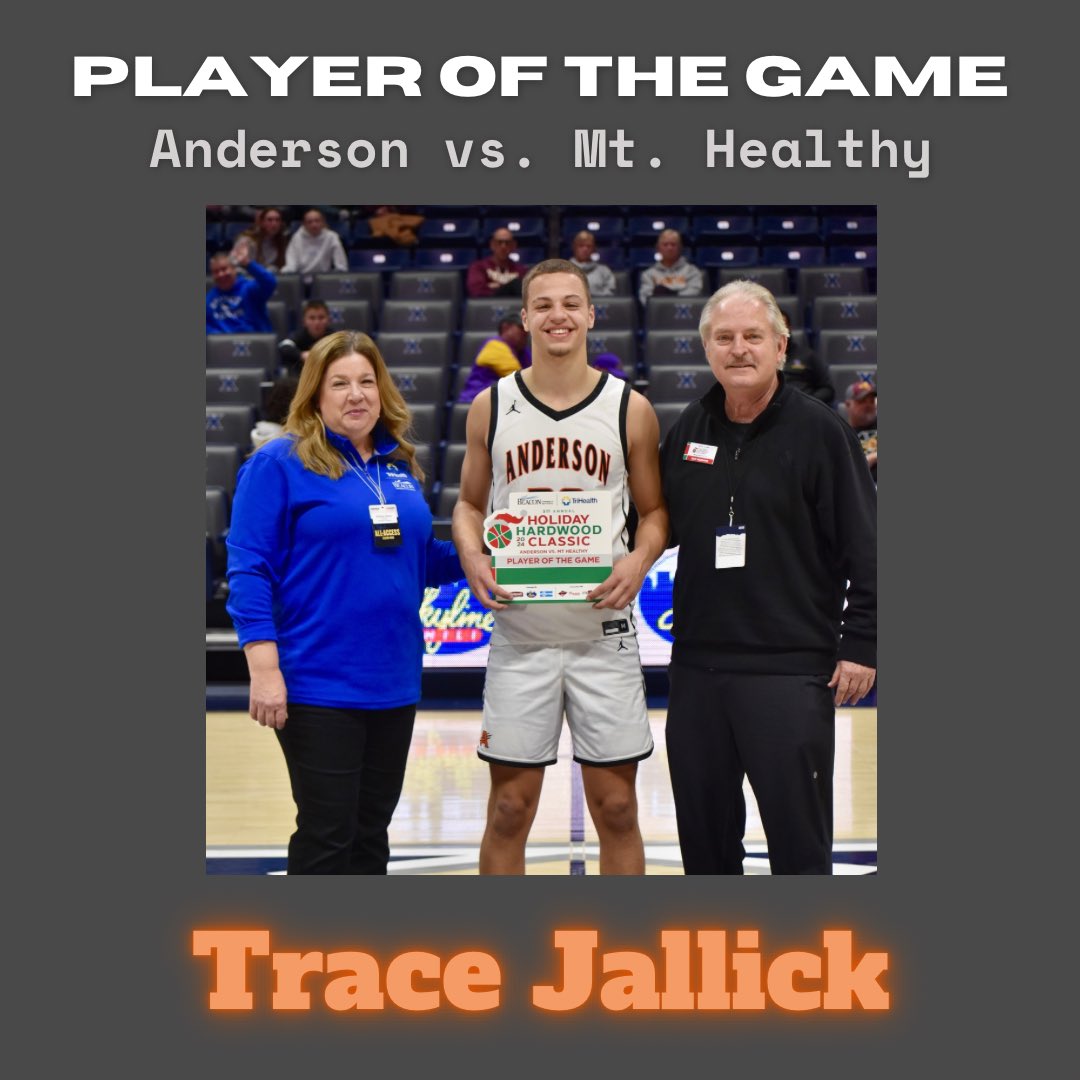 Congratulations to Anderson’s Trace Jallick on being named Player of the Game of the Anderson vs. Mt. Healthy game. <a href="/AHS_BoysHoops/">Anderson Boys Basketball</a> <a href="/AHSRaptorsAD/">AHS Athletics</a> <a href="/AndersonRaptors/">Anderson High School</a> <a href="/BeaconOrtho/">Beacon Orthopaedics</a> <a href="/TriHealth/">TriHealth</a> <a href="/LaRosasPizza/">LaRosa's Pizzeria</a> <a href="/Skyline_Chili/">Skyline Chili</a> <a href="/HomeCityIce/">HomeCityIce</a> <a href="/espn1530/">ESPN 1530 Cincinnati</a> <a href="/FOX19/">FOX19 NOW</a> <a href="/Enquirer/">Enquirer</a> <a href="/ENQSports/">Enquirer Sports</a> <a href="/FreestoreFB/">Freestore Foodbank</a>