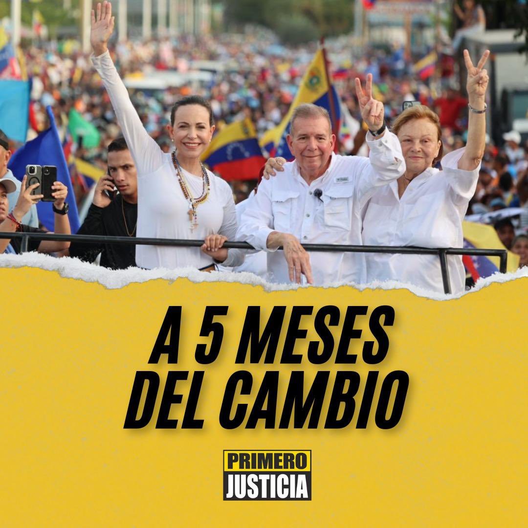 A 5 meses del triunfo del #28Jul en donde la mayoría de venezolanos expresó su soberanía a través del voto, decidiendo por el cambio y eligiendo a Edmundo González Urrutia (<a href="/EdmundoGU/">Edmundo González</a>) como el presidente de Venezuela, desde Primero Justicia reiteramos nuestro compromiso para