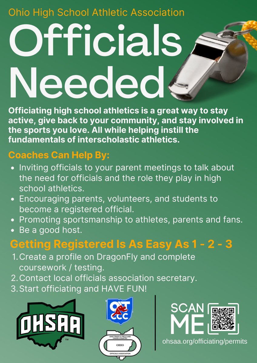 Officiating <a href="/OHSAASports/">OHSAA Sports</a>  is a great way to stay active, give back to your community, &amp; stay involved in the sports you love. All while helping instill the
fundamentals of interscholastic athletics.
<a href="/OHMileSplit/">MileSplit Ohio</a> <a href="/oatccc/">OATCCC</a> <a href="/OTFCCOA/">Ohio Track & Field and Cross Country Officials</a> <a href="/NFHS_Org/">NFHS</a> <a href="/OHADNewsHS/">OH AD News - HS</a> <a href="/ohioiaaa/">OIAAA</a> <a href="/RefereeMag/">Referee Magazine</a>