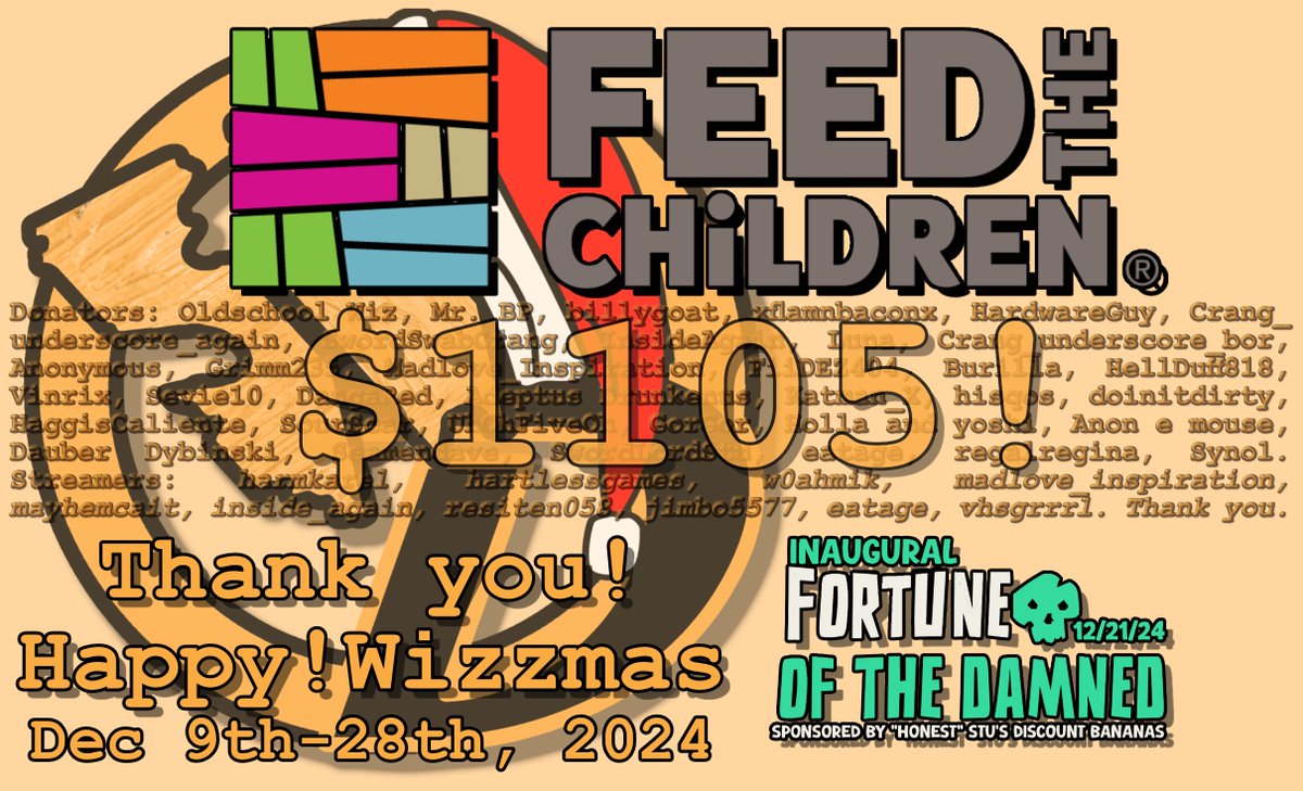 $1105 raised for <a href="/feedthechildren/">Feed the Children</a> ! Thank you for all the donations and energy!

Live Recap and Shaving in 40mins

twitch.tv/thewizzdome