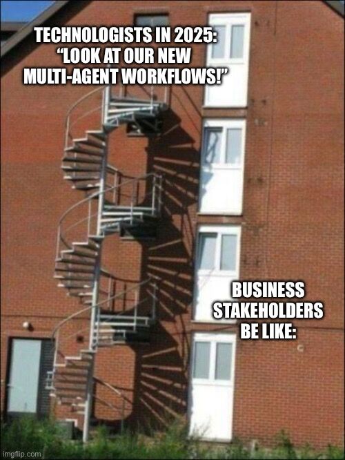 𝗧𝗵𝗲𝗿𝗲'𝘀 𝗻𝗼 𝗱𝗼𝘂𝗯𝘁: 𝗧𝗲𝗰𝗵𝗻𝗼𝗹𝗼𝗴𝘆 𝗶𝘀 𝗲𝘅𝗰𝗶𝘁𝗶𝗻𝗴!

But it's an enabler.

What's even more exciting is turning technology hype into business outcomes...together.

Otherwise...

The result of your Agentic AI strategy may look something like this 👇🏻