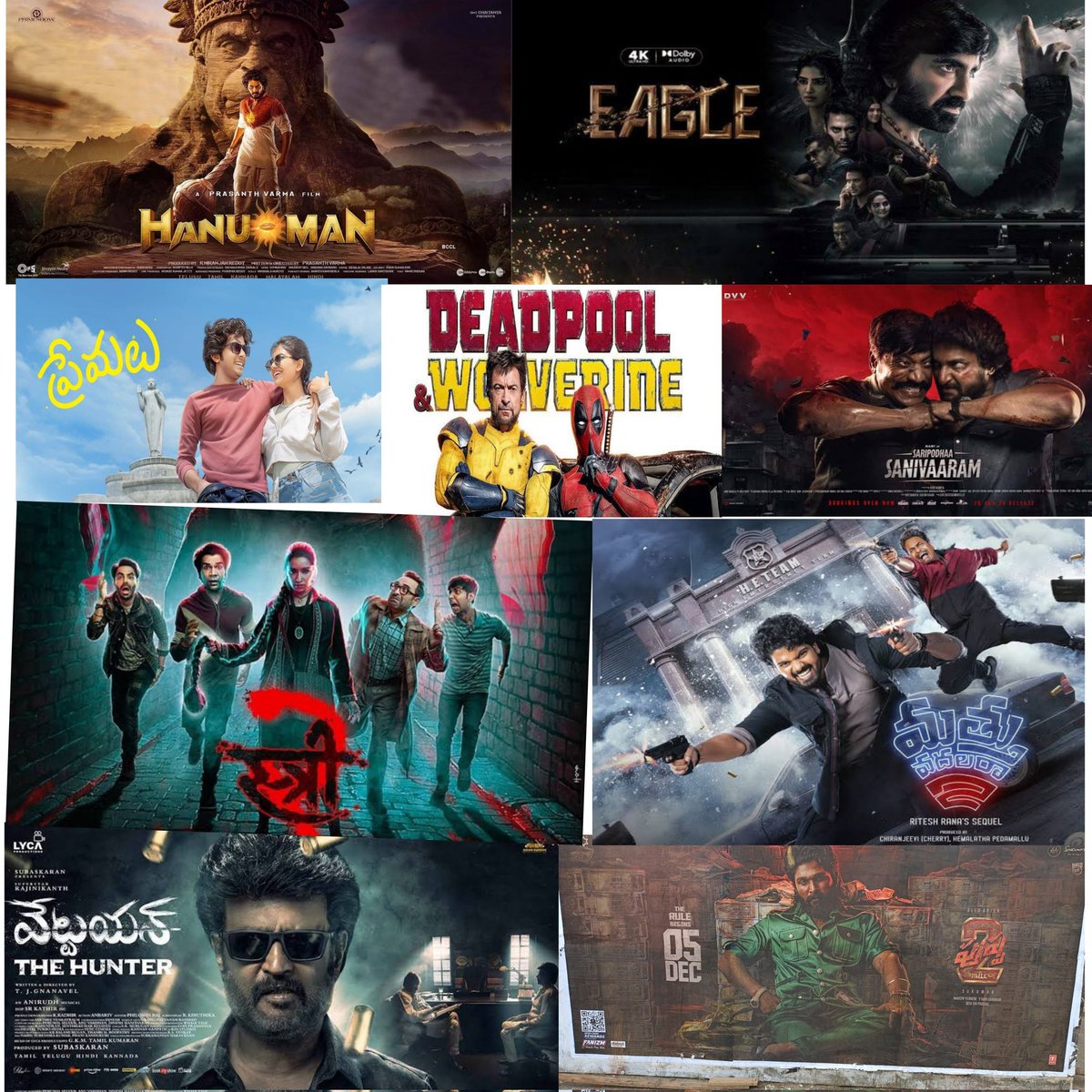 finleh39's tweet photo. 2024 Films watched in Theatre.
Total 9
#HanuMan - Sri Sairam
#Eagle - Sandhya 35mm
#Premalu - Prasads S4
#Deadpool3(Eng) - Devi
#Stree2 - Mythri Vimal
#SaripodhaaSanivaaram -
Sensation S2
#MathuVadalara2 - AAA S1
#VettaiyyanTheHunter - Asian Raj Lakshmi
#Pushpa2- Sudarshan35. https://t.co/sioV35s7np