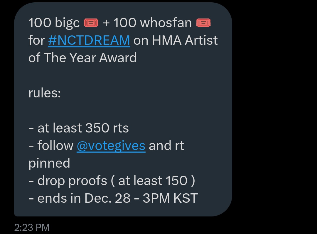 7DREAMVT_INA's tweet photo. 100 bigc 🎟️ + 100 whosfan 🎟️ for #NCTDREAM on HMA Artist of The Year Award
 
rules:

- at least 350 rts
- follow @votegives and rt pinned 
- drop proofs ( at least 150 )
- ends in Dec. 29 - 3PM KST https://t.co/W9pHQMS93i