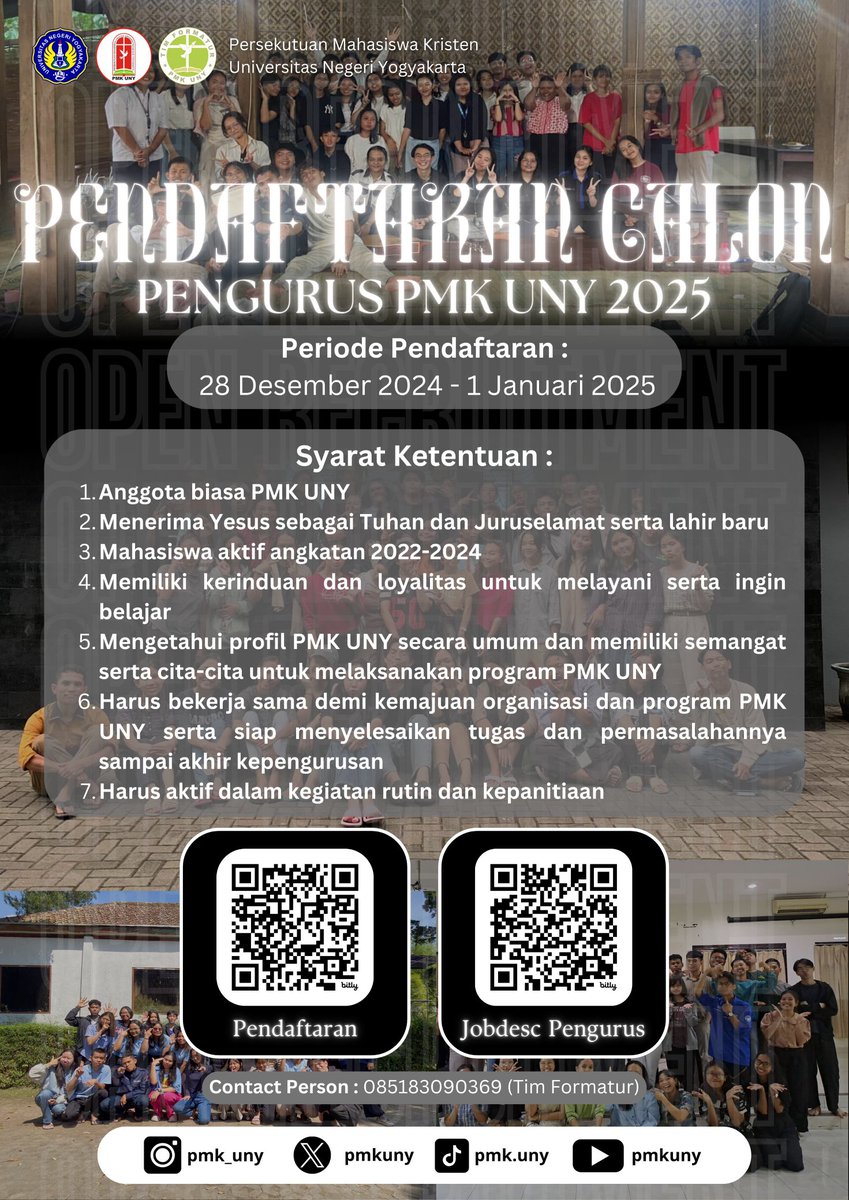 pmkuny's tweet photo. Shalom Fams!
PMK UNY membuka pendaftaran pengurus mulai tanggal 28 Desember 2024 - 1 Januari 2025

Jobdesc Pengurus: https://t.co/iQ3NOofmrH

Link pendaftaran:
https://t.co/M4CNAMp47l

Ditunggu partisipasinya
Tuhan Yesus memberkati

More info: https://t.co/d7nexiJq2W https://t.co/KBbGMHFPv1