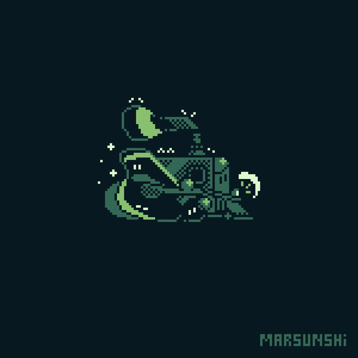 _marsunshi's tweet photo. @Pixel_Dailies Choo-choo !! ⚫🟢⚪

#phantomtrain #pixel_dailies #pixelart #ドット絵 #aesthetic #retrogames #fantasy #pixel #レトロゲームアート #digitalart #デジタルアー https://t.co/eexKhCUQi6