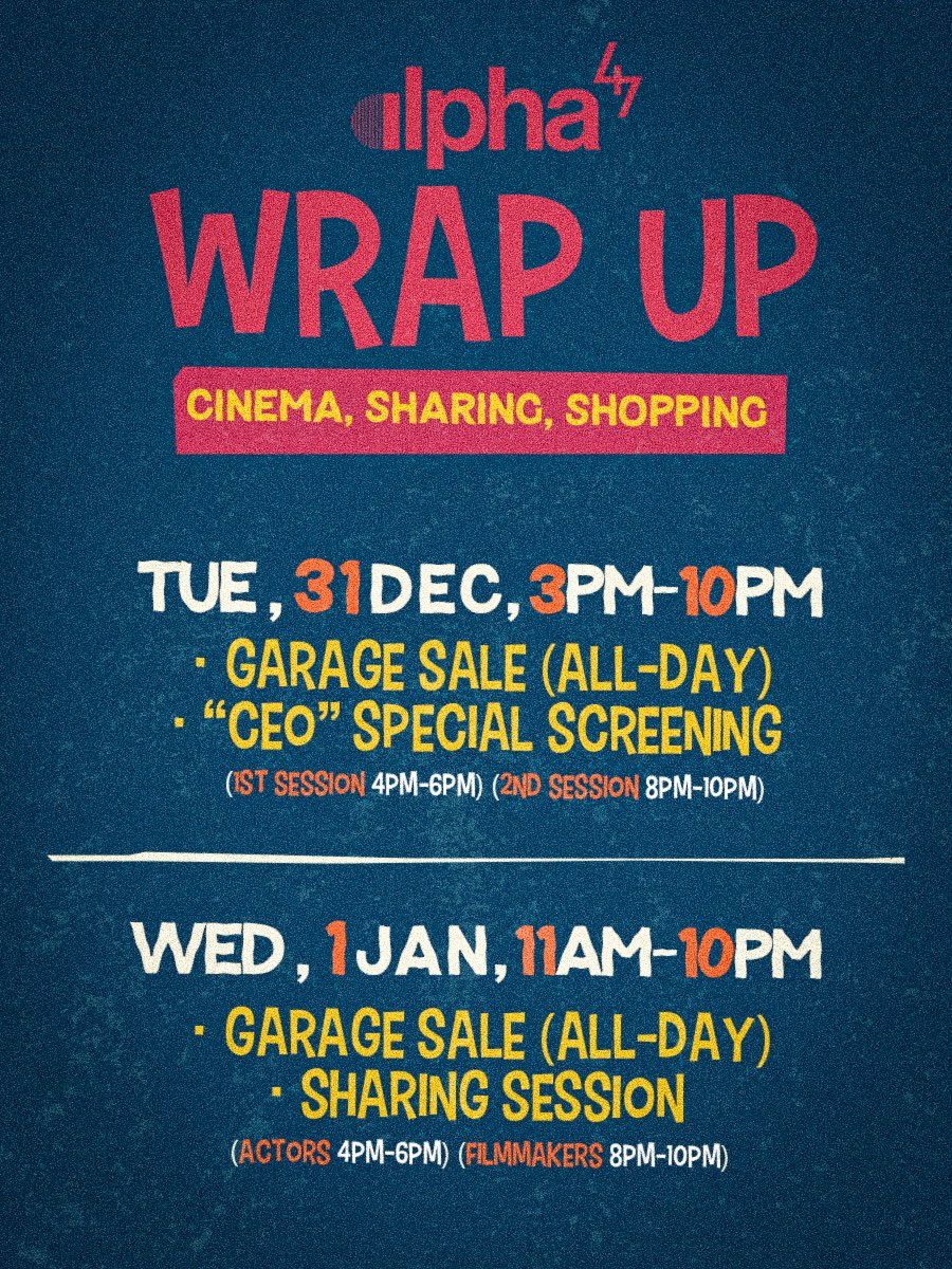 Selepas 6 tahun Alpha47 Films beroperasi, ini 1st time kami buat “open house”. Semua dijemput datang.

🛍️Garage sale wardrobe dari filem (super cheap mampu milik - dtg awal)

📽️ Special screening film CEO. 

🗣️Sharing session dari actors &amp; filmmakers tentang pembikinan filem.
