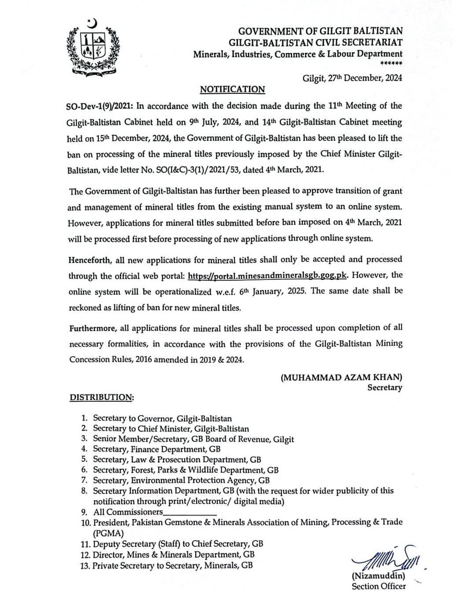 Bureaucracy3533's tweet image. Gilgit-Baltistan lifts ban on mineral titles! 💎 New online system launches Jan 6, 2025: portal.minesandmineralsgb.gog.pk #MiningReform #DigitalGB&quot; @csgbpk
@GBTourism_ @IDGB_Official @gb_visit @MineralHub @benchmarkmin @usembislamabad @JaneMarriottUK @DKinPK @CathayPak
