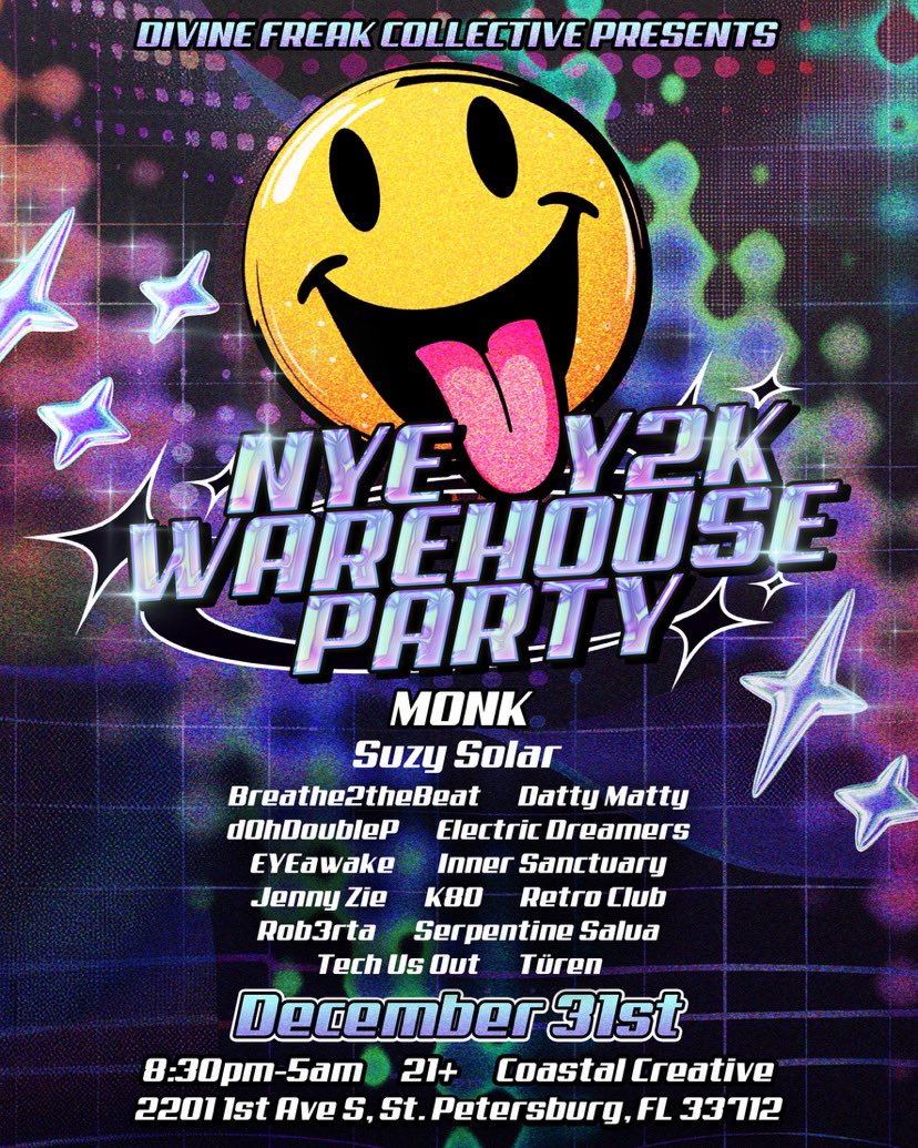 DjSuzySolar's tweet photo. TIX &amp; VIP GOING FAST for the NYE Y2K Warehouse Party at Coastal Collective, St Pete! Grab your discount: https://t.co/cWKweQaZmp 

Toast at midnight, 2 Stages, music from 8:30pm-5am &amp; more. I'll be throwing down a massive Progressive Psytrance set at 2:30-3:30am, see you soon! https://t.co/L7bsMiDJTP