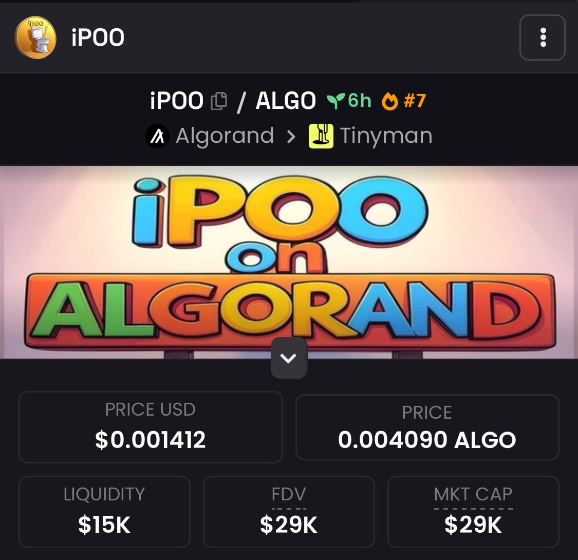 We are live on <a href="/dexscreener/">DEX Screener</a> 
$iPOO info is updated! 

🔗 dexscreener.com/algorand/cgwxf…

#ALGORAND #iPOO #memecoins