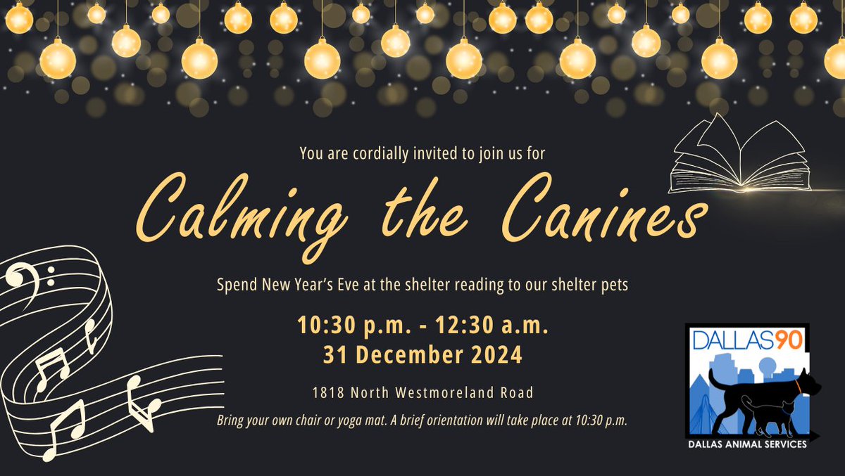 Join us for a quiet night at the shelter on #NewYearsEve for Calming the Canines! Come read to our dogs and cats to distract them from the noise of the fireworks. Starts at 10:30 p.m. on December 31. #NYE2025