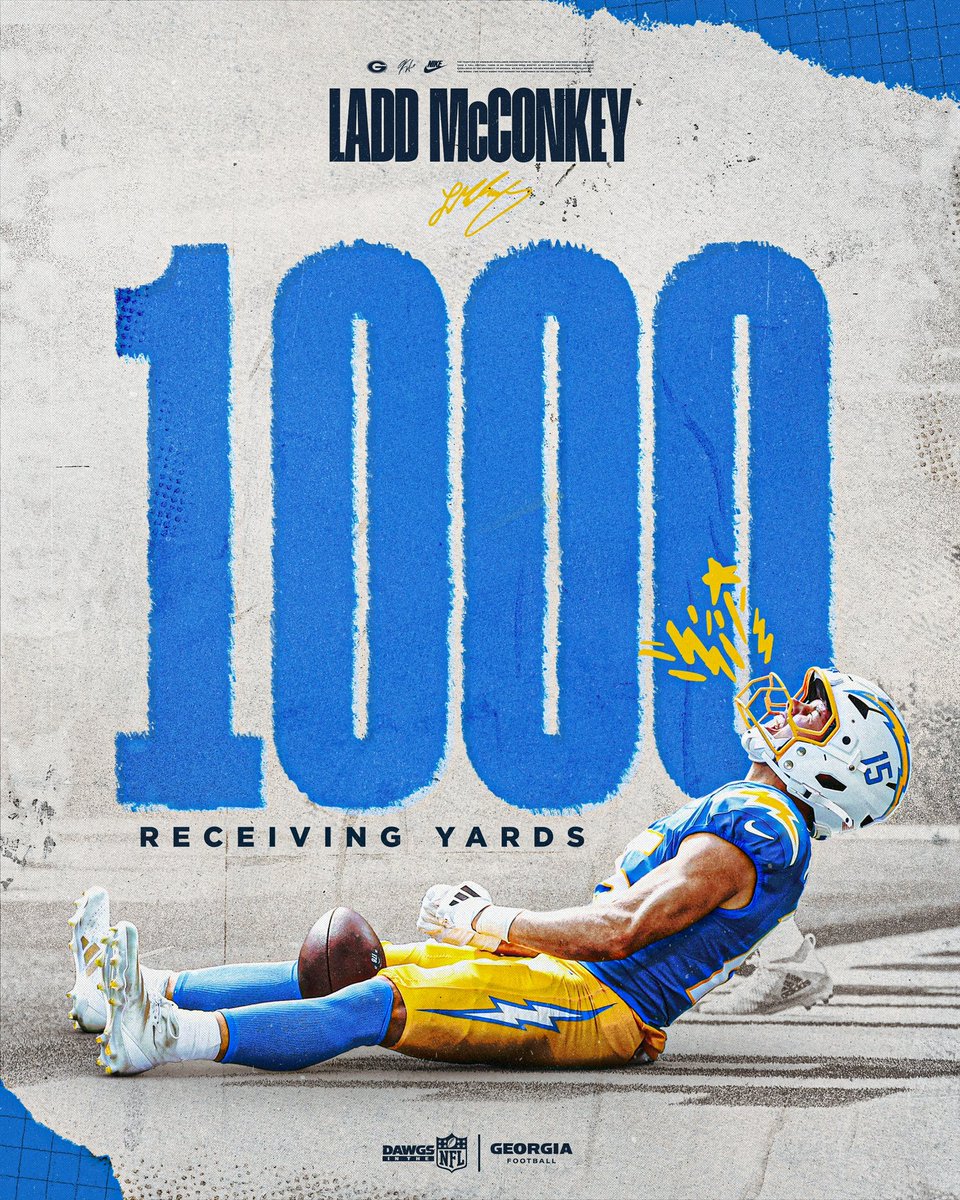 THAT'S A LAAAAD MAN⚡️

<a href="/laddmcconkey02/">Ladd McConkey</a> has surpassed 1,000 receiving yards in his rookie season!

#GoDawgs