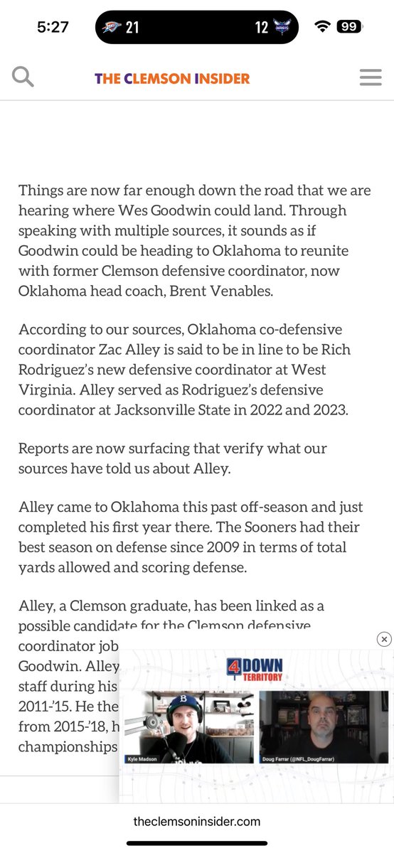 Clemson Insider already speculating that OU could already have their next DC in Clemson DC Wes Goodwin.