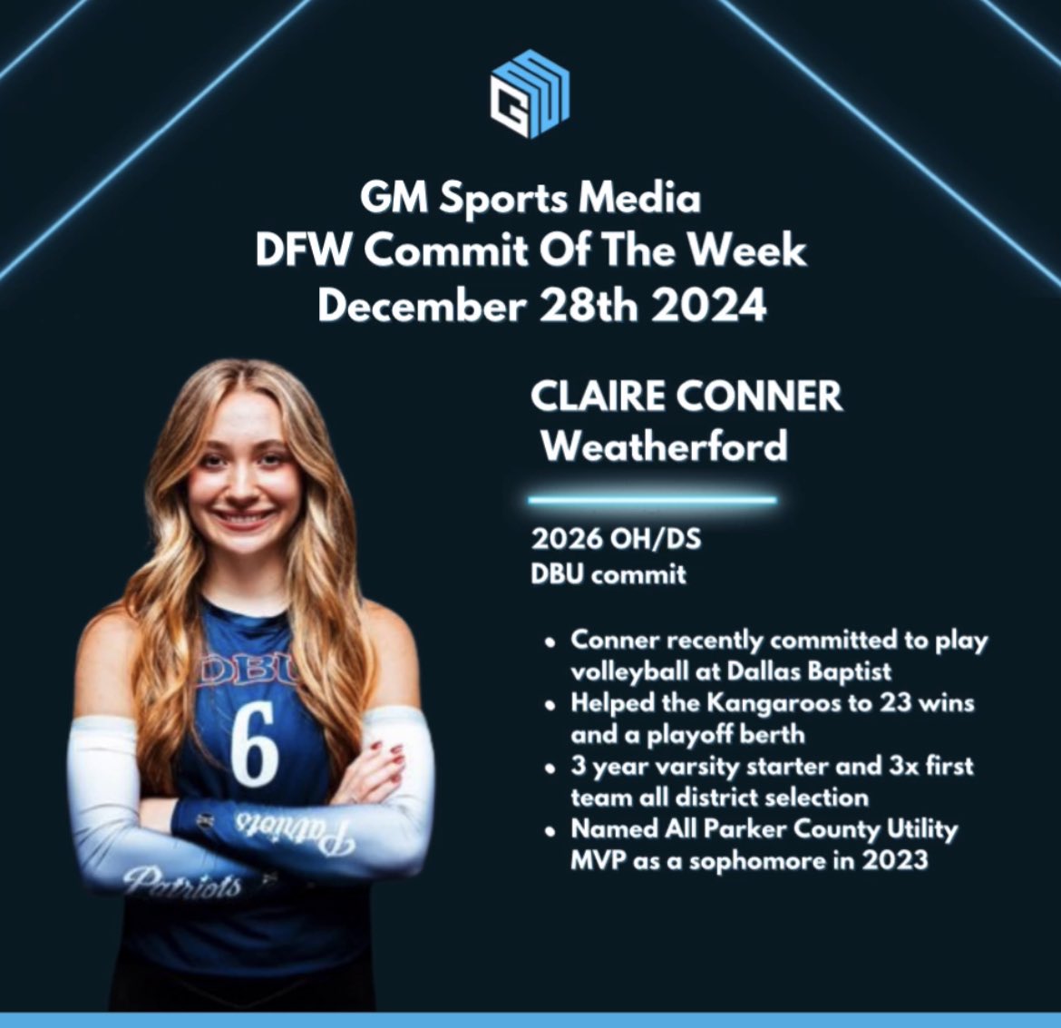 GM Sports Media DFW Commit Of The Week December 28th 2024

CLAIRE CONNER | WEATHERFORD

⭐️Committed to play volleyball at DBU
⭐️Helped the Kangaroos to 23 wins &amp; a playoff berth
⭐️3 year varsity starter &amp; 3x first team all district
⭐️Named All Parker County Utility MVP in 2023