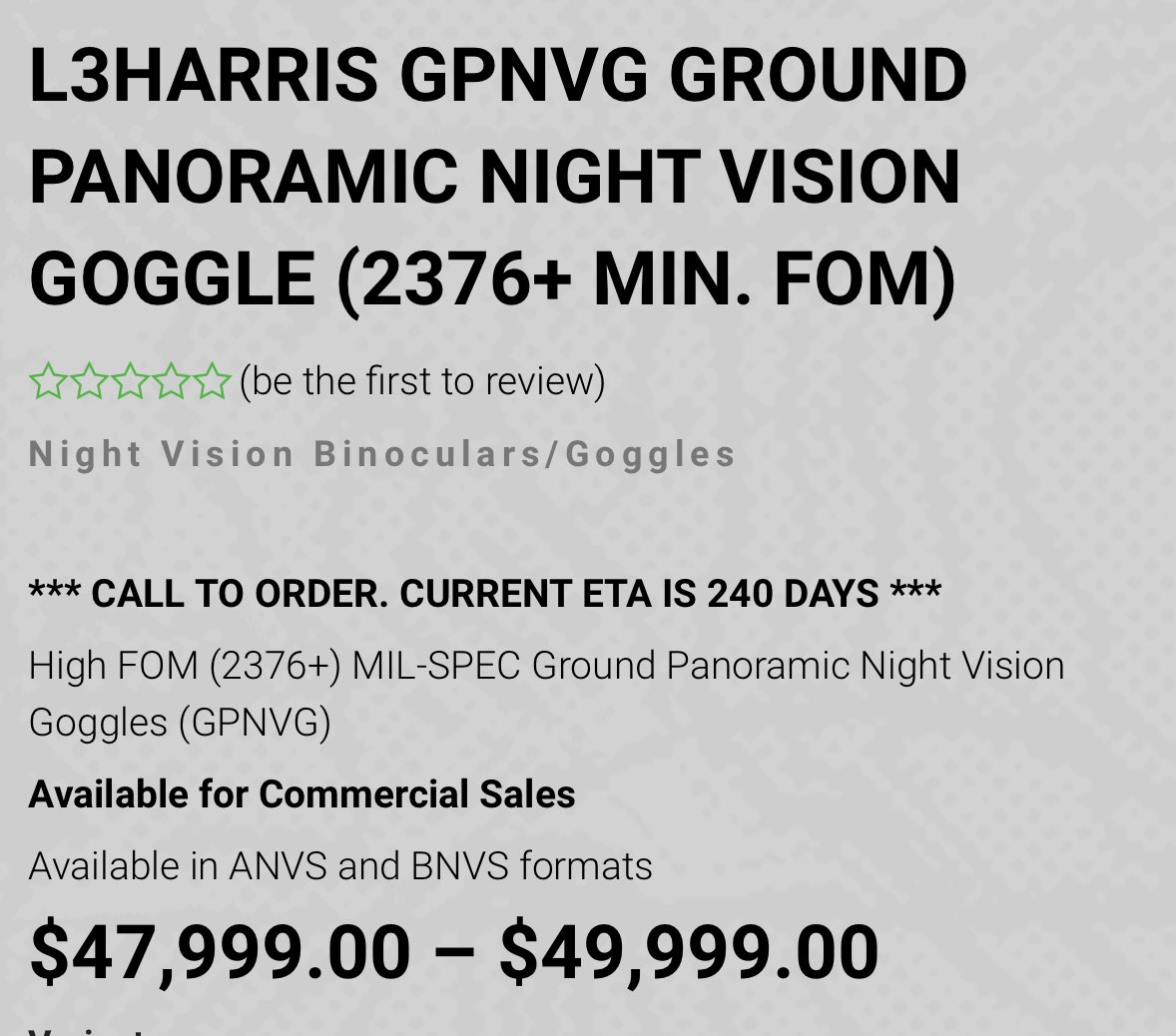 This is not satire. You can get GPNVG-18s for $40,000 - $50,000

Having a nice night vision communicates status to women and other operators you want to work with 

And if you buy it right before the end times it will hold its value if not appreciate