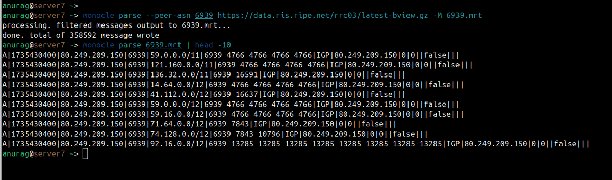 Tired of injecting full collectors routes in lab BGP? Well, <a href="/heymingwei/">Mingwei 🦀🦋</a> has a great solution! 

Latest BGPKit monocle v0.7.1 can open a mrt dump, apply rules and re-pack as mrt (or json or text). 

#BGP