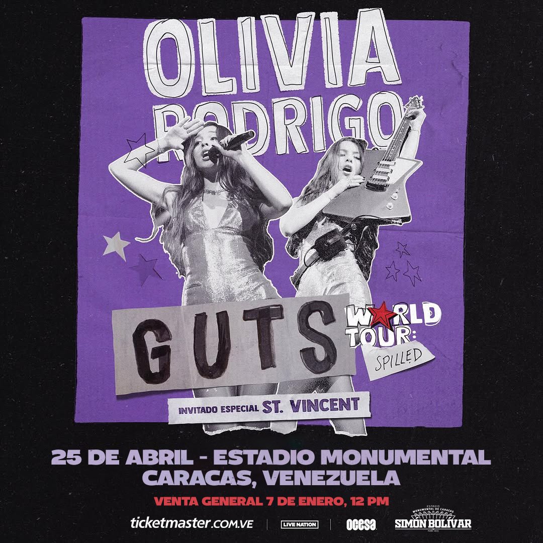 WELCOME TO VENEZUELA, la cantautora pop californiana <a href="/oliviarodrigo/">Olivia Rodrigo</a> logrará dejar sin voz a Caracas en “GUTS World Tour: Spilled” y su invitada especial <a href="/st_vincent/">St. Vincent</a>. Tickets (Venta General) el martes 7 de Enero, 12PM 🌙🎆

🗓️ 25 de Abril
📍 Estadio Monumental “Simón Bolívar”