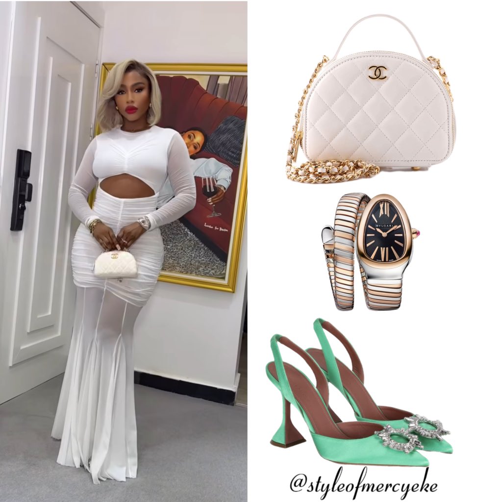 stylemercenary's tweet photo. Lambo’s look to tony elumelu’s all white patty 🤍

Philosophy di lorenzo serafini tretch tulle dress ($815) (N1,339,860)

Chanel Lambskin Quilted Small Chic Riviera Top Handle Vanity Case ($3,550) (N5,836,200) #MercyEke https://t.co/K4csvIHHzb