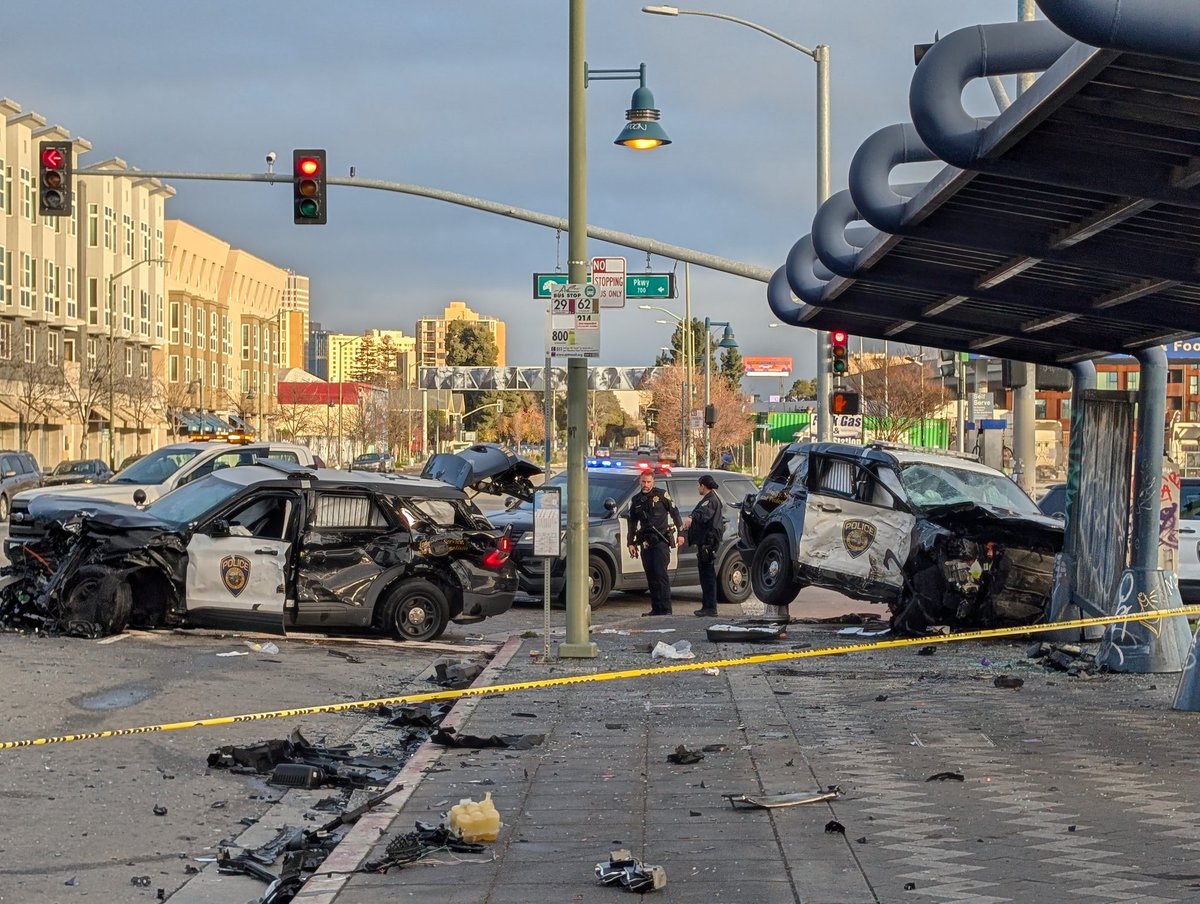 Just now at 7th/Mandela, officers sped through the intersection and collided at high speed

Bus riders were luckily unharmed by the flying vehicles, but officers were rushed off in an ambulance

Speeding is very dangerous and should only be done when absolutely necessary