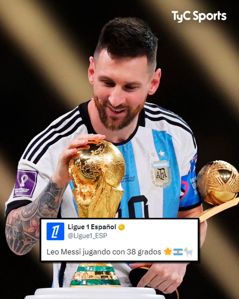 TyCSports's tweet photo. 🐐🔥 LA LIGUE 1 LE RESPONDIÓ A CRISTIANO RONALDO CON UNA FOTO DE MESSI

CR7, al recibir dos premios en los Globe Soccer Awards, disparó contra el campeonato francés: “La Liga Saudí es mejor que la Ligue 1, por supuesto. Francia es solo el Paris Saint-Germain. El resto está acabado”. Además, desafió a cualquiera a rendir a su nivel bajo el calor de Oriente Medio: "Intenta correr a 38, 39 o 40 grados y verás". Desde la cuenta oficial de la liga francesa en español, lejos de quedarse callados, contraatacaron al portugués con una imagen contundente en X. Publicaron al capitán de la Selección Argentina levantando la Copa del Mundo en Qatar 2022, acompañada del mensaje: “Leo Messi jugando con 38 grados”.