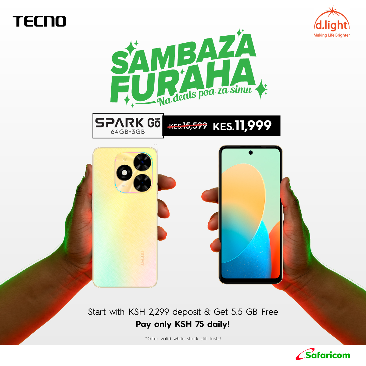 TECNOMobile254's tweet image. Sambaza Furaha na TECNO! 

Get the TECNO Spark Go (64GB + 3GB) at just KES 11,999 (down from KES 15,599)!
Start with only KSH 2,299 deposit and enjoy 5.5GB FREE!
Pay just KSH 75 daily!
Don’t miss out—offer valid while stock lasts.
#TecnoKenya #SparkGo #SambazaFuraha