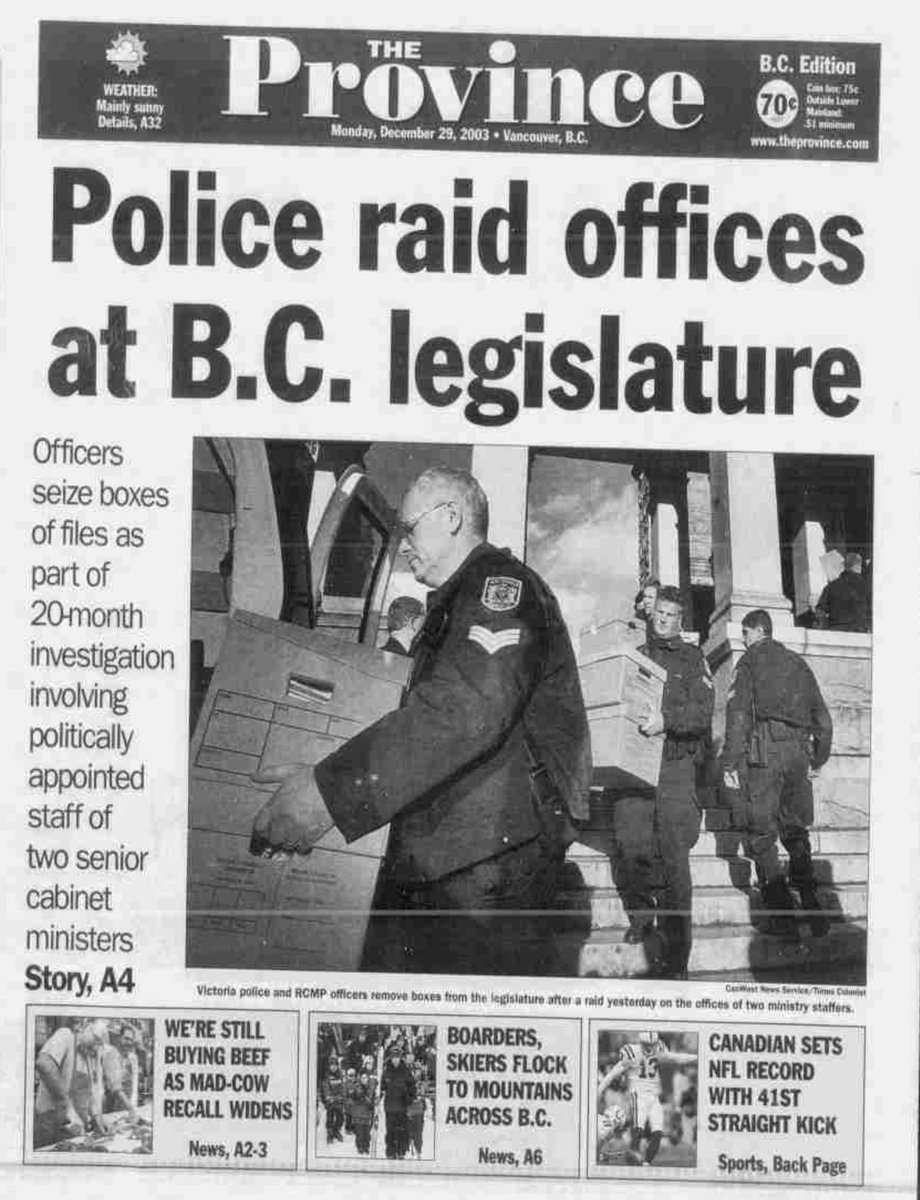 bobmackin's tweet photo. #OTD in 2003: Police raided offices at the #BCLeg during the investigation of the corrupt privatization of #BCRail under Premier Gordon Campbell and Deputy Premier Christy Clark.
#bcpoli https://t.co/V8W22lICI1