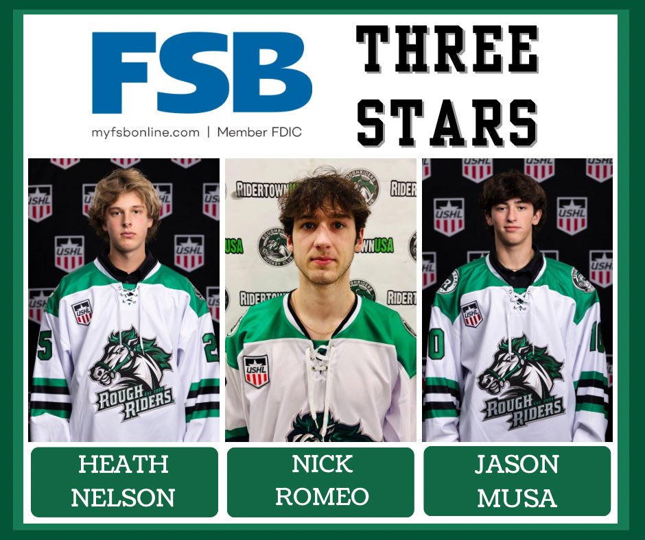 Cedar Rapids RoughRiders (@ridertownusa) on Twitter photo Here are your <a href="/MyFSBOnline/">Farmers State Bank</a> 3 Stars of the Game! Congratulations @heath_nelson5 , @nick84343186 , <a href="/JasonMusa14/">Jason Musa</a> ! Hard fought game, final score Dubuque 4 - Riders 3. #LetsRide25 Here are your <a href="/MyFSBOnline/">Farmers State Bank</a> 3 Stars of the Game! Congratulations @heath_nelson5 , @nick84343186 , <a href="/JasonMusa14/">Jason Musa</a> ! Hard fought game, final score Dubuque 4 - Riders 3. #LetsRide25