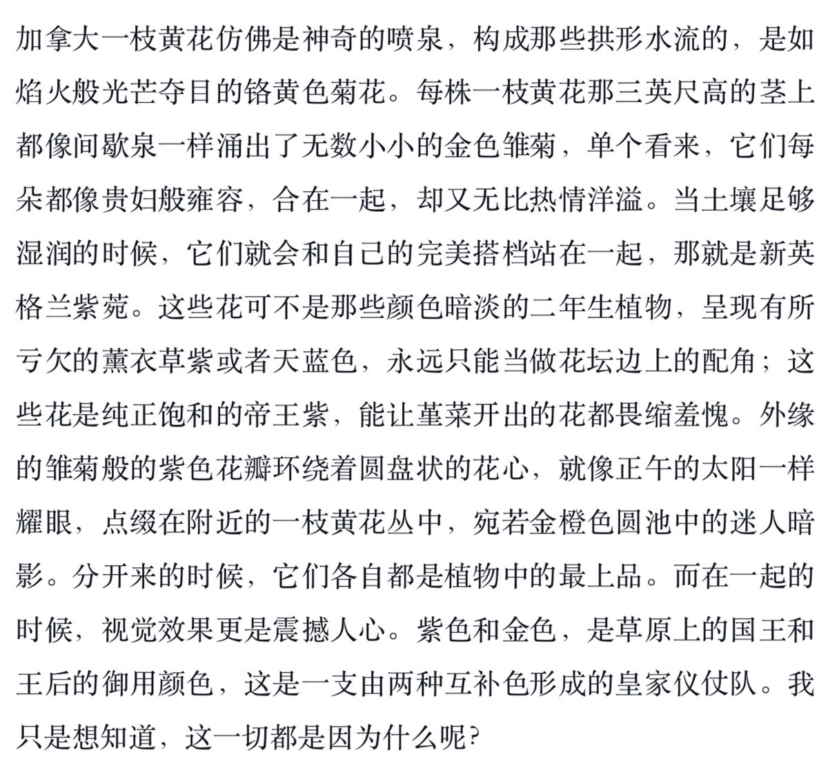 #读书 （北美秋菊）新英格兰紫菀和加拿大一枝黄花(Canadian goldenrod)似乎是烂大街的weed“野草”。但在编结茅香braiding sweetgrass一书中作者认为常常一起出现的它们美丽极了，有一整段赞美之情溢出的描写。明年九月，我将第一次好好看看它们，带着前所未有的钦慕。