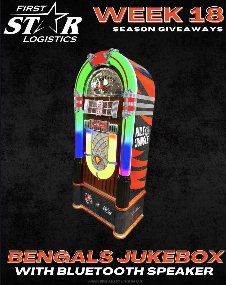 First Star Logistics (@firststarlog) on Twitter photo 🐅WEEK 18🐅
Enter for a chance to win a custom Bengals Jukebox and blast “Welcome To The Jungle” to get in the spirit 😎
Here’s how:
🎶Follow us
🎶Follow <a href="/JoeGoodberry/">Goodberry</a>
🎶Follow <a href="/JakeLiscow/">Jake Liscow</a>
🎶Follow <a href="/DLInTheTrenches/">Dave Lapham "In The Trenches" Podcast/Videocast</a>
🎶RT this tweet
That’s it! Who Dey🔥 🐅WEEK 18🐅
Enter for a chance to win a custom Bengals Jukebox and blast “Welcome To The Jungle” to get in the spirit 😎
Here’s how:
🎶Follow us
🎶Follow <a href="/JoeGoodberry/">Goodberry</a>
🎶Follow <a href="/JakeLiscow/">Jake Liscow</a>
🎶Follow <a href="/DLInTheTrenches/">Dave Lapham "In The Trenches" Podcast/Videocast</a>
🎶RT this tweet
That’s it! Who Dey🔥