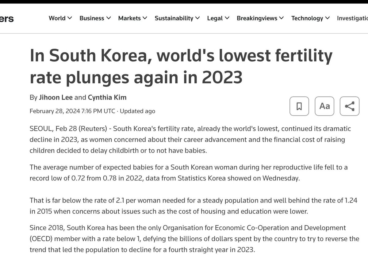 JordanSchachtel's tweet image. South Korea has a birth rate of 0.72 babies per woman, the lowest in the world, bc their culture emphasizes becoming a tech wage slave and conformity above all else.

This is not the direction we want to proceed forward with. 

There&apos;s more to life than a technocratic mad dash.