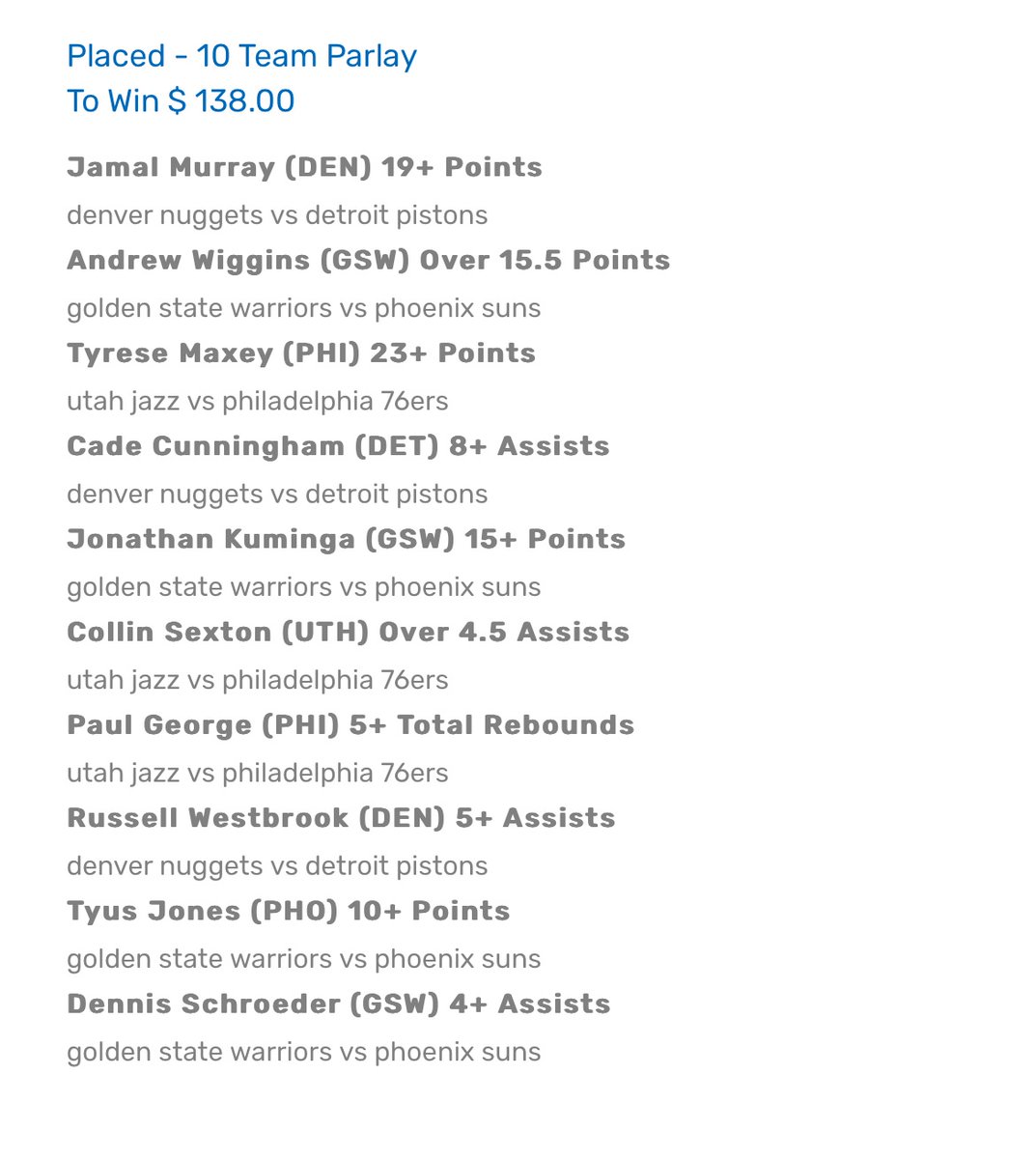 DataNerdBets's tweet image. NBA 3 game lotto parlay +7500

#sixers #76ers #nuggets #pistons #jazz #warriors #suns #embiid #maxey #murray #wiggins #cunningham #kuminga #sexton #westbrook #schroeder #GamblingX #sgp #bet #picks