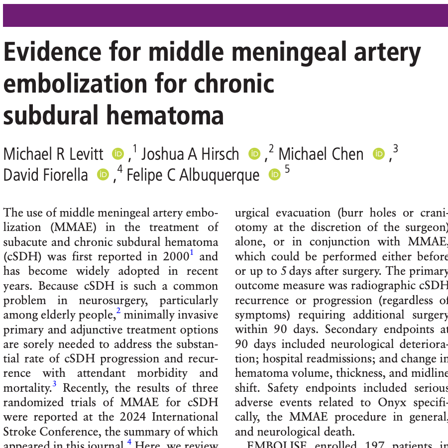 JNIS (@jnis_bmj) on Twitter photo <a href="/DrMichaelLevitt/">Michael Levitt, MD</a> et al. review and summaraize the compelling final results of the three randomized trials on middle meningeal artery embolization for chronic subdural hematoma: bit.ly/3BW0X8s #subduralhematoma #endovascular #neurointervention
<a href="/fcalbuquerque51/">Felipe C. Albuquerque</a> <a href="/DrMichaelLevitt/">Michael Levitt, MD</a> et al. review and summaraize the compelling final results of the three randomized trials on middle meningeal artery embolization for chronic subdural hematoma: bit.ly/3BW0X8s #subduralhematoma #endovascular #neurointervention
<a href="/fcalbuquerque51/">Felipe C. Albuquerque</a>