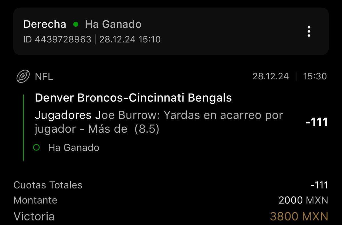 playerpicksmx's tweet photo. GRAN VICTORIA!
JOE BURROW TENÍA QUE SALIR A ARRIESGAR SI QUERÍA LLEVARSE ESTA VICTORIA Y ASÍ FUE!
✅Joe Burrow Over 8.5 Rushing Yards -111
💰$6,000 ➡️ $11,400
Seguimos intratables en diciembre con la NFL (8-1) y se vienen los Playoffs.
#DecemberFest 🎄 https://t.co/dyEOB5MgeU