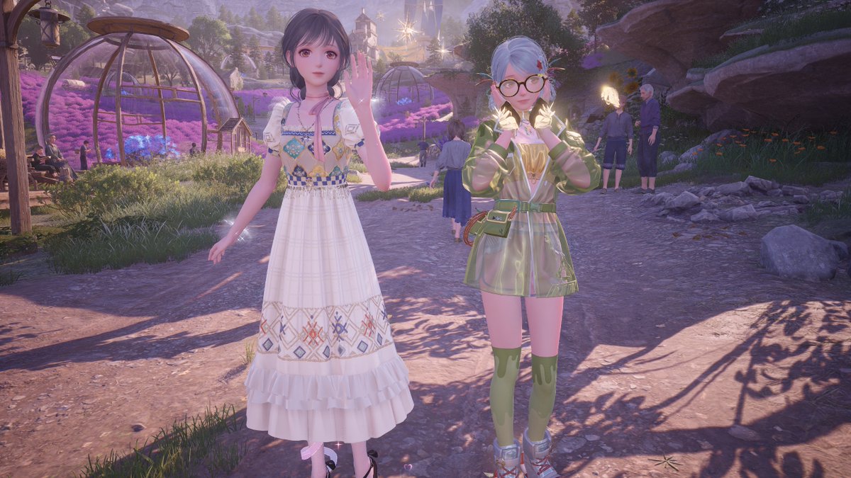 A photograph taken at Stoneville in Infinity Nikki. My avatar is on the left in this picture posing next to someone else's nikki avatar.