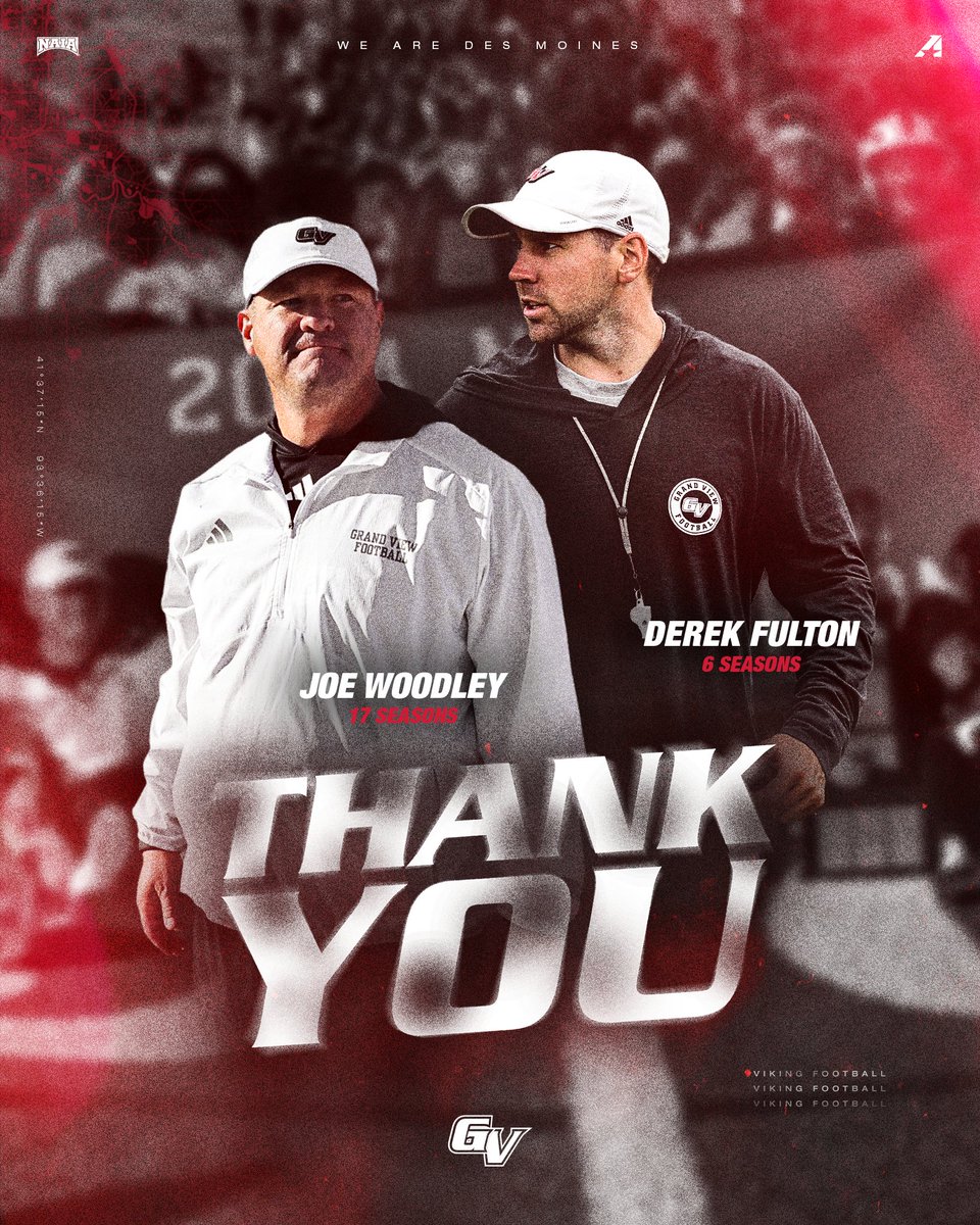 Grand View Football (@gvvikingfb) on Twitter photo Thank you <a href="/CoachJoeWoodley/">Coach Joe Woodley</a>, and <a href="/coachdfulton/">Derek Fulton</a>.
Best of luck in the next chapterโผ๏ธ
#3D Thank you <a href="/CoachJoeWoodley/">Coach Joe Woodley</a>, and <a href="/coachdfulton/">Derek Fulton</a>.
Best of luck in the next chapterโผ๏ธ
#3D