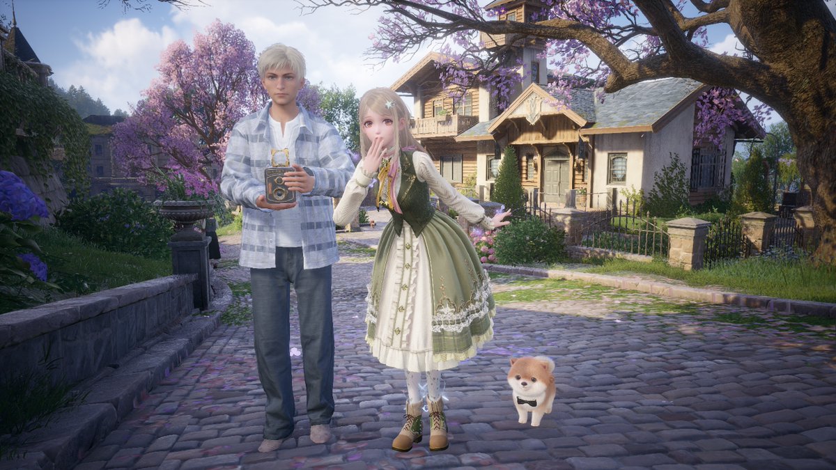 My avatar is on the right in this image when playing Infinity Nikki. Standing next to an NPC and fluffy the dog. Absolutely love this dress I managed to get. It is one of my favorites in this game.
