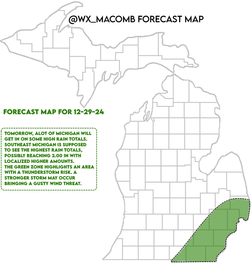 wx_macomb's tweet image. Forecast map for tomorrow, explaining a thunderstorm risk for Southeast Michigan. #miwx #michiganweather