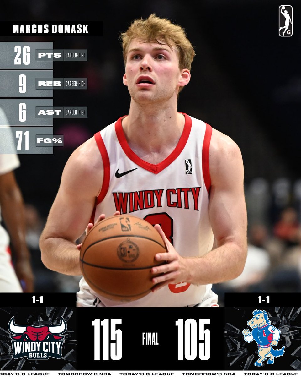 nbagleague's tweet photo. A career-high scoring night from Marcus Domask and a big all-around game from Ben Coupet Jr. guided the @windycitybulls to victory over the Blue Coats! Windy City shot a red hot 54% FG, 46% 3PT, and assisted on 31 of their 44 baskets. 

🔥 Coupet Jr: 20 PTS, 9 REB, 6 AST
🔥 Arcidiacono: 16 PTS, 9 REB, 5 AST