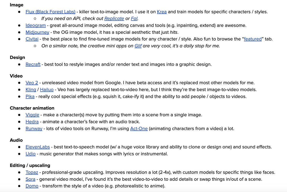 venturetwins's tweet image. There are tons of AI creative tools - how do you know what to use?

I pulled together a list of my favorite products, what I use them for, and why I love them.

Doc w/ links and tutorials I made this year 👇