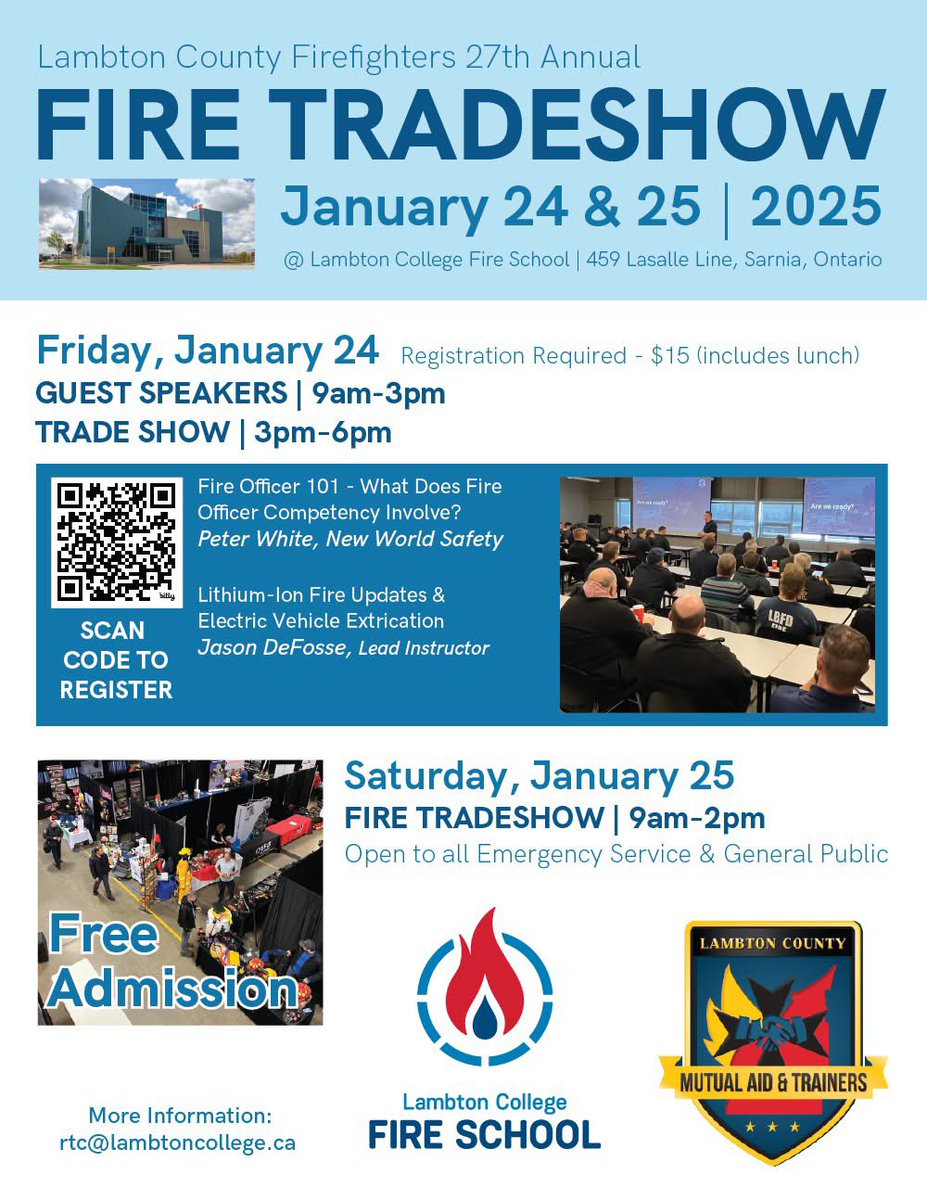 kris_redick's tweet image. Attention all firefighters, don't miss out on the Lambton County Fire Trade Show!
Sign up for some very informative training on Friday January 24th
See all the details below!  Look forward to seeing you all there !