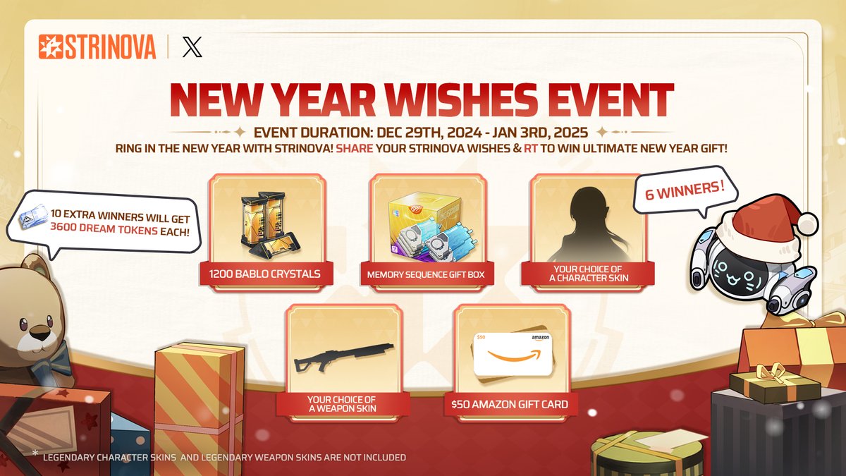 ✨Kick off the New Year with #Strinova &amp; Win!✨

Share your Strinova wishes for a chance to win amazing prizes!

🪐How To Enter:
1. RT this post
2. Reply with your Strinova-related New Year wishes!

🎁6 Winners will Get Prizes Chosen Randomly from Below:
・1200 Bablo Crystals