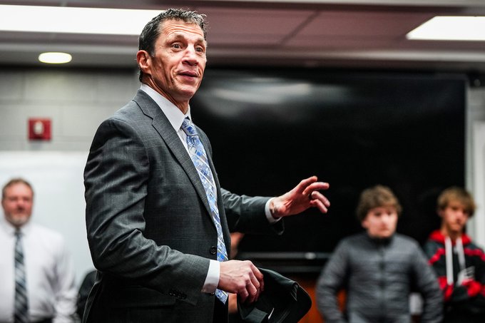 Rod Brind'Amour during a post-game speech in the locker room at Lenovo Center.