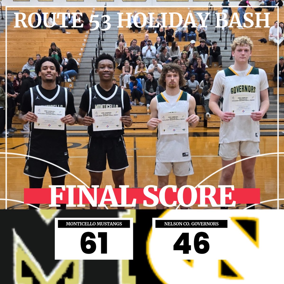 Day 2, Game 4 result from the 2nd Annual Route 53 Holiday Bash at Monticello High School.  Congratulations to the following student-athletes for their recognitions:
All-Tournament Team
Monticello - Zayden Simpson
Nelson Co. - Colton Ward
Sportsmanship Award
Monticello - Raelon