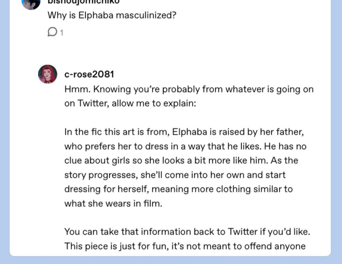 the_l3na's tweet photo. @prxdajoon Here’s why Elphaba was in a masculine outfit!! The height difference is probably just a headcanon. https://t.co/6CBtlnKmr1