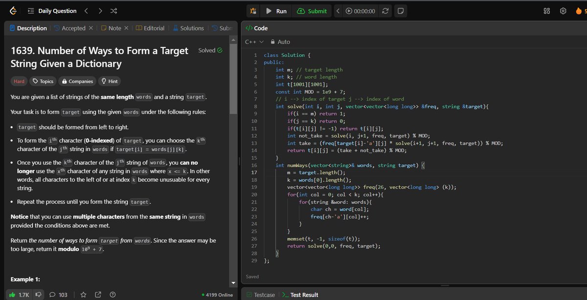 🚀 #LeetCode POTD (Day 55) ✅

💡 Approach (Dynamic Programming)

1️⃣ Precompute freq for char counts at each column in words
2️⃣ Use recursion + memoization to find ways to form target[i] starting from column j
3️⃣ Either skip or use column j, ensuring results are modulo 1e9 + 7
