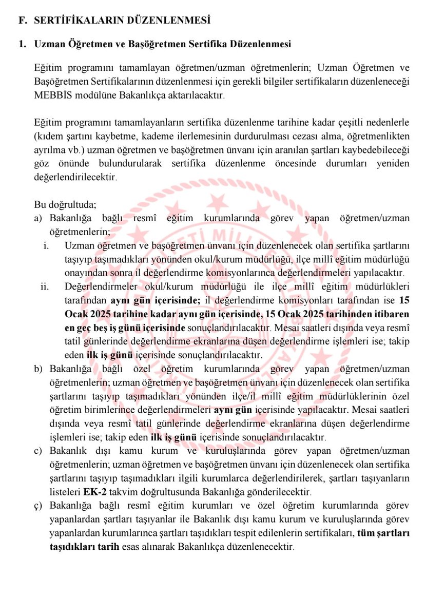 Ünvanlar için sertifikalar, yine okul,ilçe mem ve il mem silsilesi onayı ile yapılacak olup sonrasında unvanlar verilecektir. Yine aynı gün onay verilmesi esası mevcutken, ilçe ve il memler buna riayet edecek mi? Takipçisi olmaya devam edeceğiz.<a href="/tcmeb/">Millî Eğitim Bakanlığı</a>