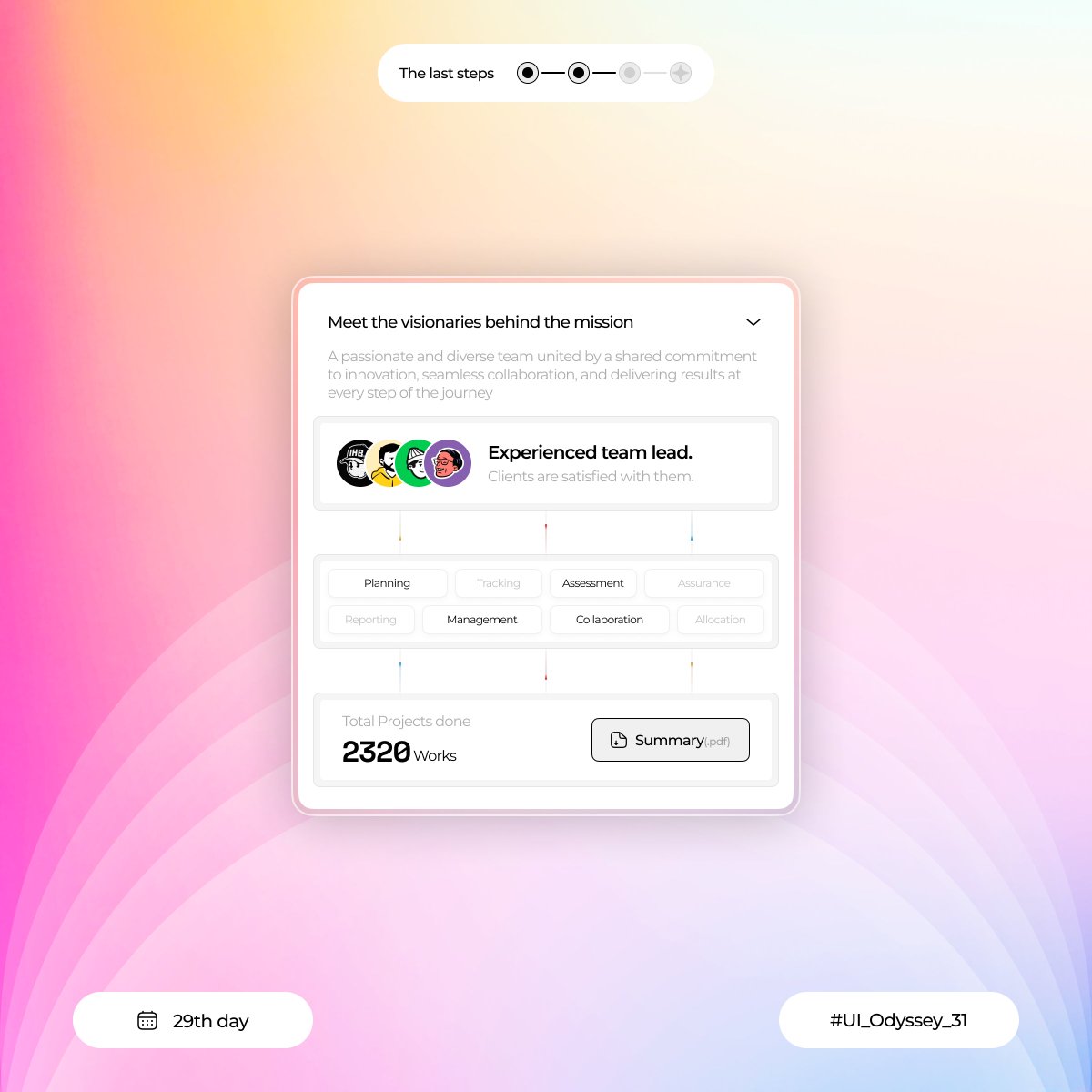 Hi all:)

📅 Day 29 of UI_Odyssey_31! Introducing the Team &amp; Projects Overview Component, a streamlined way to showcase your team members, their roles, and the projects they’re tackling together. 🚀#UI_Odyssey_31 #uidesign #productdesign #uiux #uiuxdesign