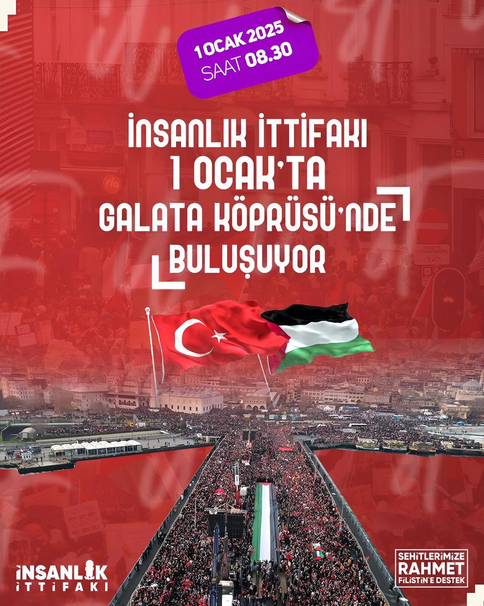 EhadDuzce's tweet photo. Kıymetli Gönüldaşlarımız

"Gazze'deki soykırımı sonlandırın." diye haykırmak için, Yeni yılın ilk sabahında, Galata Köprüsü'nde buluşuyoruz.

📍Galata Köprüsü
🗓️1 Ocak  2025
🕙08:30 https://t.co/OcfaiDpr0p