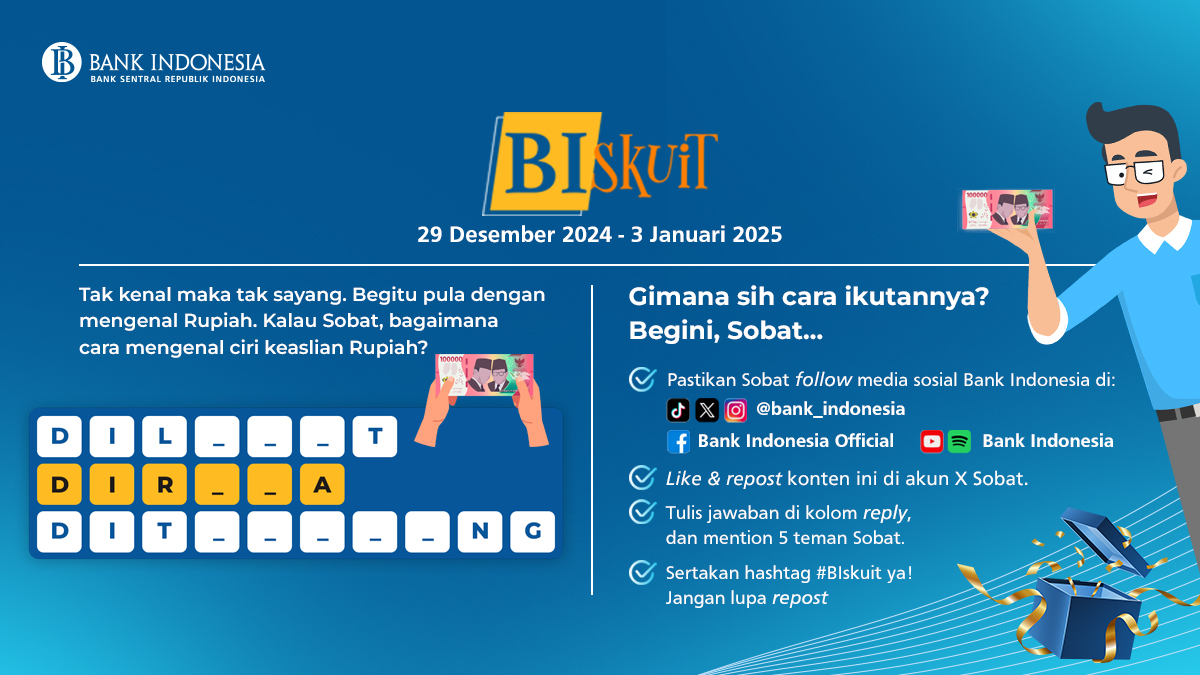 bank_indonesia's tweet photo. Rupiah adalah salah satu simbol kedaulatan Indonesia. Karena itu, penting utk #SobatRupiah ikut menjaga Rupiah, salah satunya dgn #BeriMakna mengenali ciri keaslian uang Rupiah yg dimiliki. 

Yuk, ikutan #BIskuit, raih hadiahnya &amp; buktikan kalau Sobat #CintaBanggaPaham Rupiah! https://t.co/eYXOyXW3ba