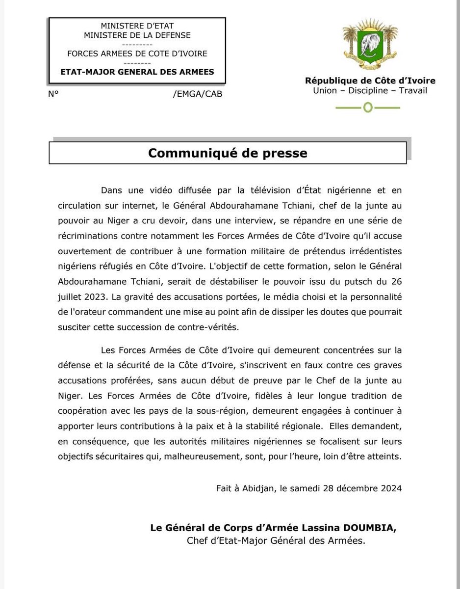 Communiquer de presse du chef d'État-Major Général des Forces Armées de Côte d’Ivoire