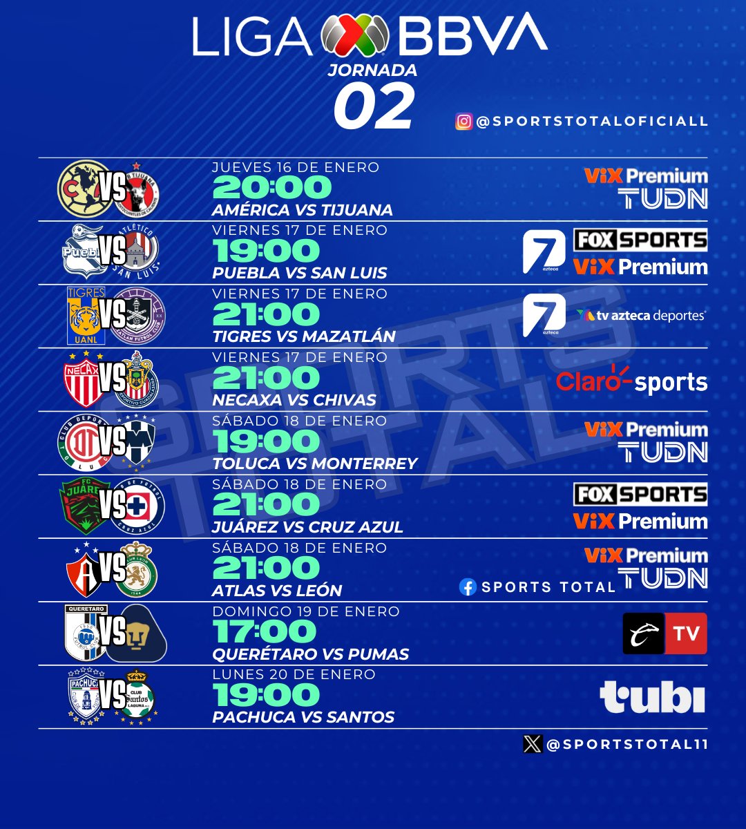 SportsTOTAL11's tweet photo. Hilo de nuestro calendario COMPLETO de la #LigaBBVAMX
Por confirmar que encuentros irán por tv abierta.
Por confirmar que partidos compartirá Necaxa con tv azteca.
.
.
.
Programación sujeta a cabios por parte de la televisora o la liga. https://t.co/NZhNHCLSQN